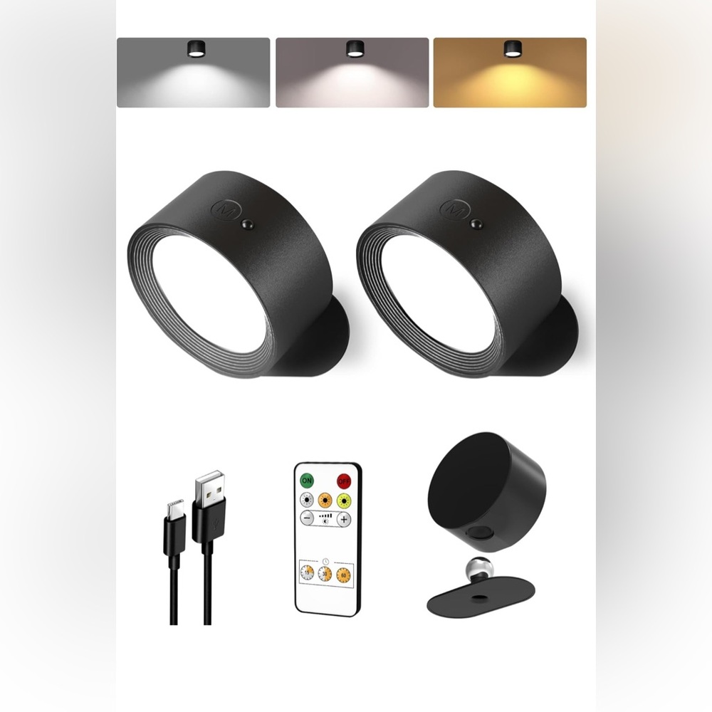LED Wall Mounted Lights,Rechargeable Wall Sconces Lamp For Bedroom,3 Color Temps